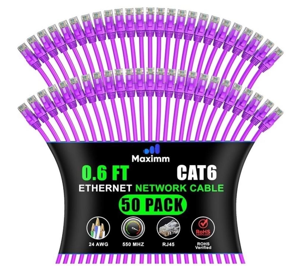 Maximm Cat 6 Ethernet Cable - 0.6 ft (50-Pack) - High-Speed LAN, Internet, Patch